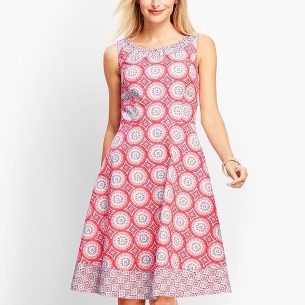 Talbots Geo-Print Fit-and-Flare Dress Women's 8 Petite Red Pink Blue Medallions